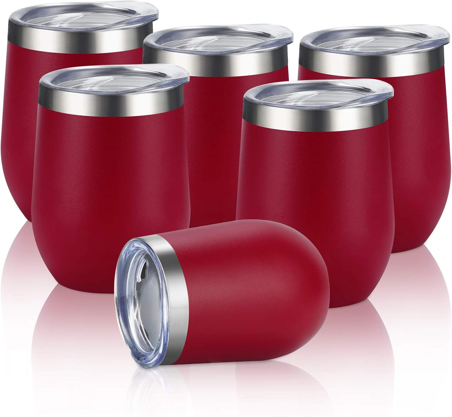 6 Pack Stainless Steel Wine Tumblers, 12Oz Insulated Wine Tumbler, Double Wall Insulated Wine Glass, Stainless Steel Stemless Wine Cups with Lids for Coffee, Wine, Cocktails, Champaign, Wine Red