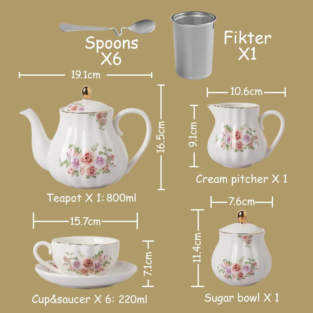 Porcelain Tea Sets British Royal Series, 8 OZ Cups & Saucer Service for 6, with Teapot Sugar Bowl Cream Pitcher Teaspoons and Tea Strainer, Suitable for High Tea, Wedding, Party(Rose Flower)
