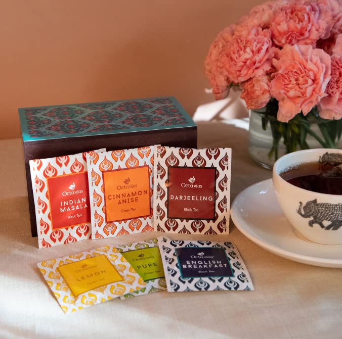 Octavius Assortment of 6 Black & Green Teas - 30 Enveloped Tea Bags in Ornate Floral Art Wooden Box | Tea Sampler Assortment Box Tea Variety Pack | Tea gift for Tea Lovers, Family, Friend