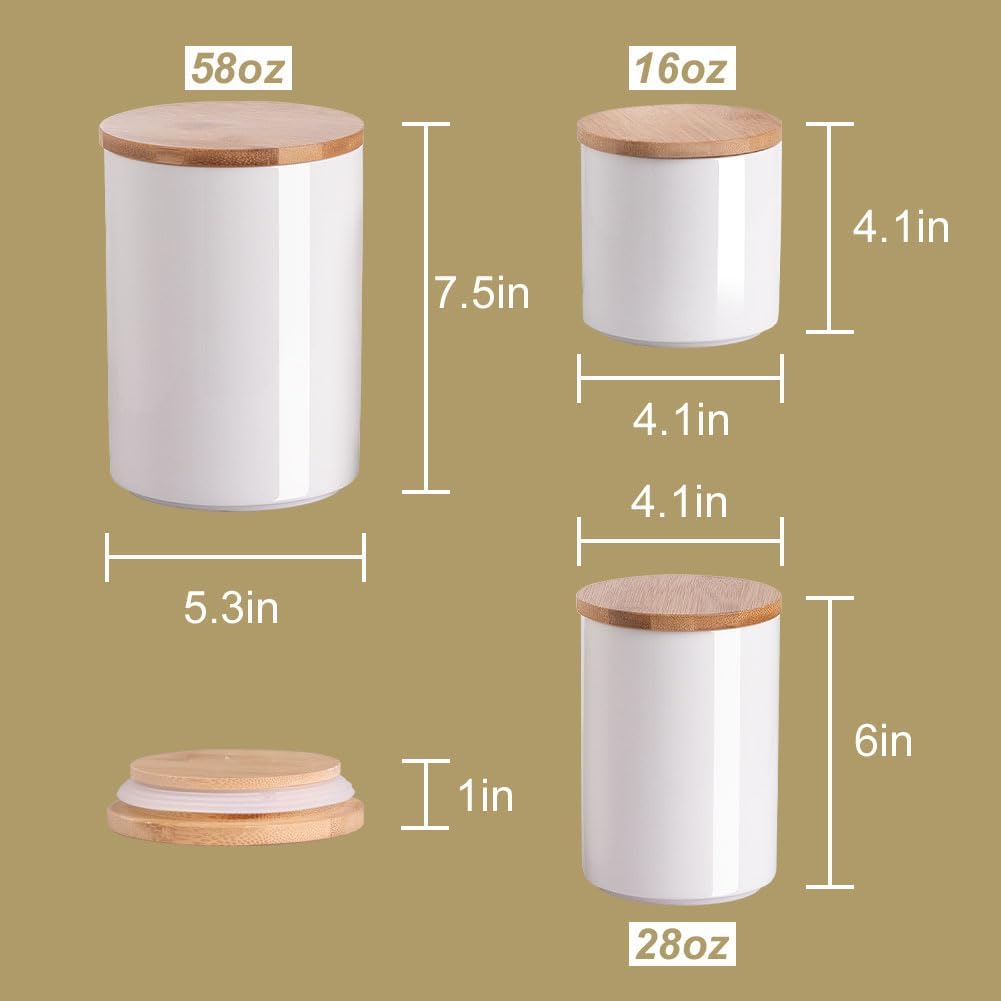 Sweejar Ceramic canisters for kitchen counter,Stackable Food Containers Set with Airtight Seal Bamboo Lid for Serving Ground Coffee, Tea, Spice, Flour and Sugar-Set of 3 (White)