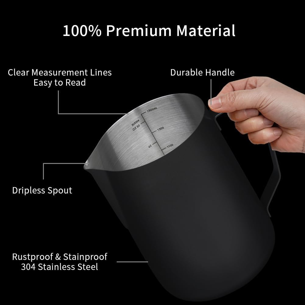 watchget Milk Frothing Pitcher 50oz/1500ml - Stainless Steel Espresso Steaming Pitcher for Cappuccino, Latte Art, Coffee Machine Accessories Milk Jug Frother Cup, Black