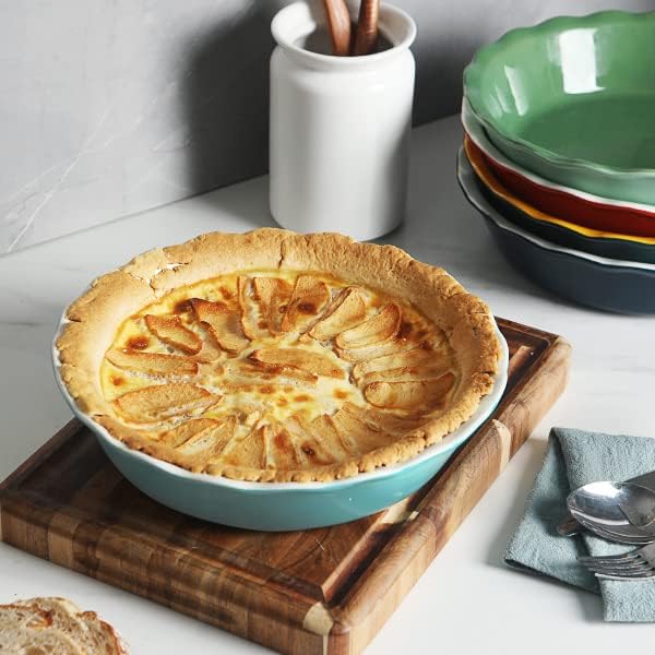 Sweejar Ceramic Pie Pan - 10 Inch Round Baking Dish for Dinner, Non-Stick with Soft Wave Edge for Apple, Pumpkin, Pot Pies (Turquoise)