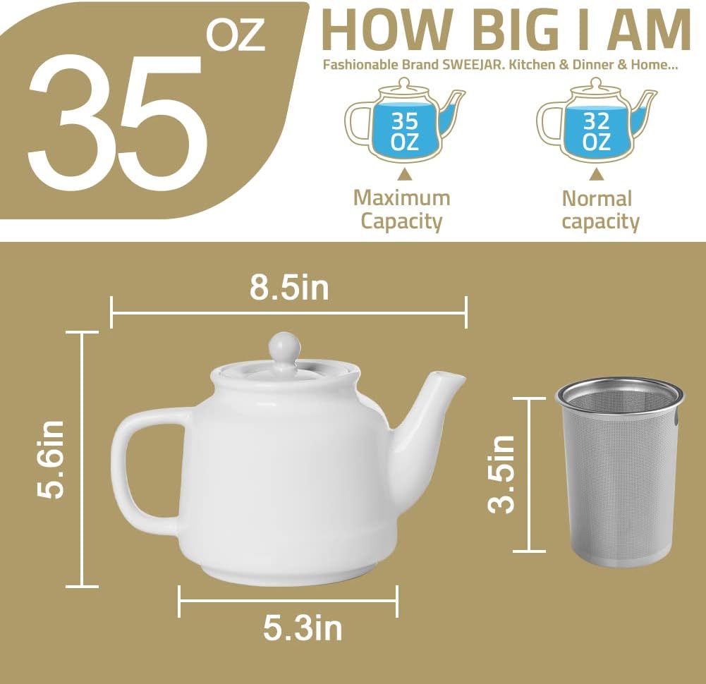 Sweejar 35 oz Porcelain Tea Pot, Teapot with Removable 18/8 Stainless Steel Infuser, Microwave & Dishwasher Safe Tea Maker, Tea Infuser Pots for Blooming loose Leaf Tea,Chrismas Women Gift (Jade)
