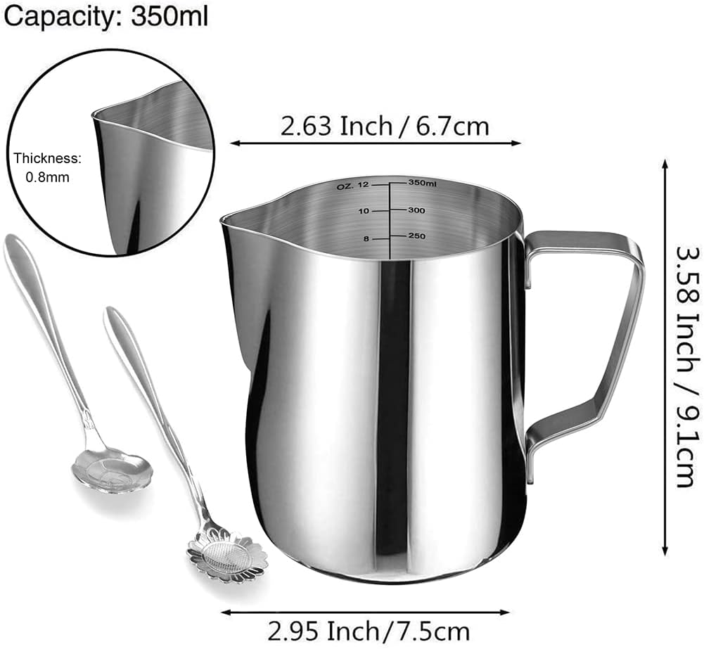 Milk Frothing Pitcher Cup, 12oz/350ML Milk Frother Cup Stainless Steel Steaming Pitcher Milk Jug Coffee Latte Art Cappuccino Espresso Machine Accessories Barista Steam Pitchers Attached Dessert Spoons