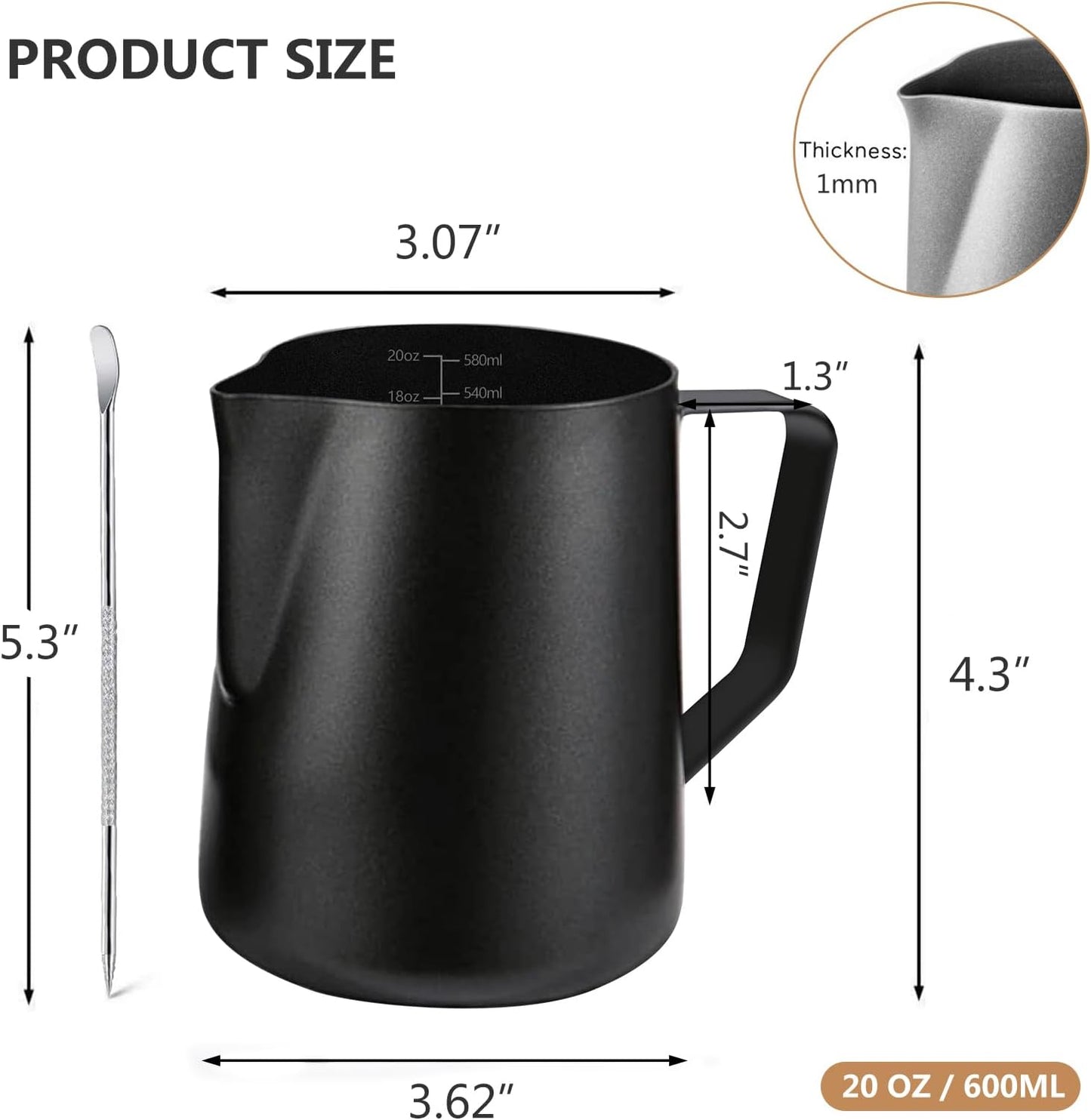 Milk Frother Pitcher 20 OZ,Espresso Milk Frothing Pitcher, Milk Steamer Cup Steaming Pitcher, Stainless Steel Coffee Froth Cup with Latte Art Pen for Coffee Cappuccino (Black)