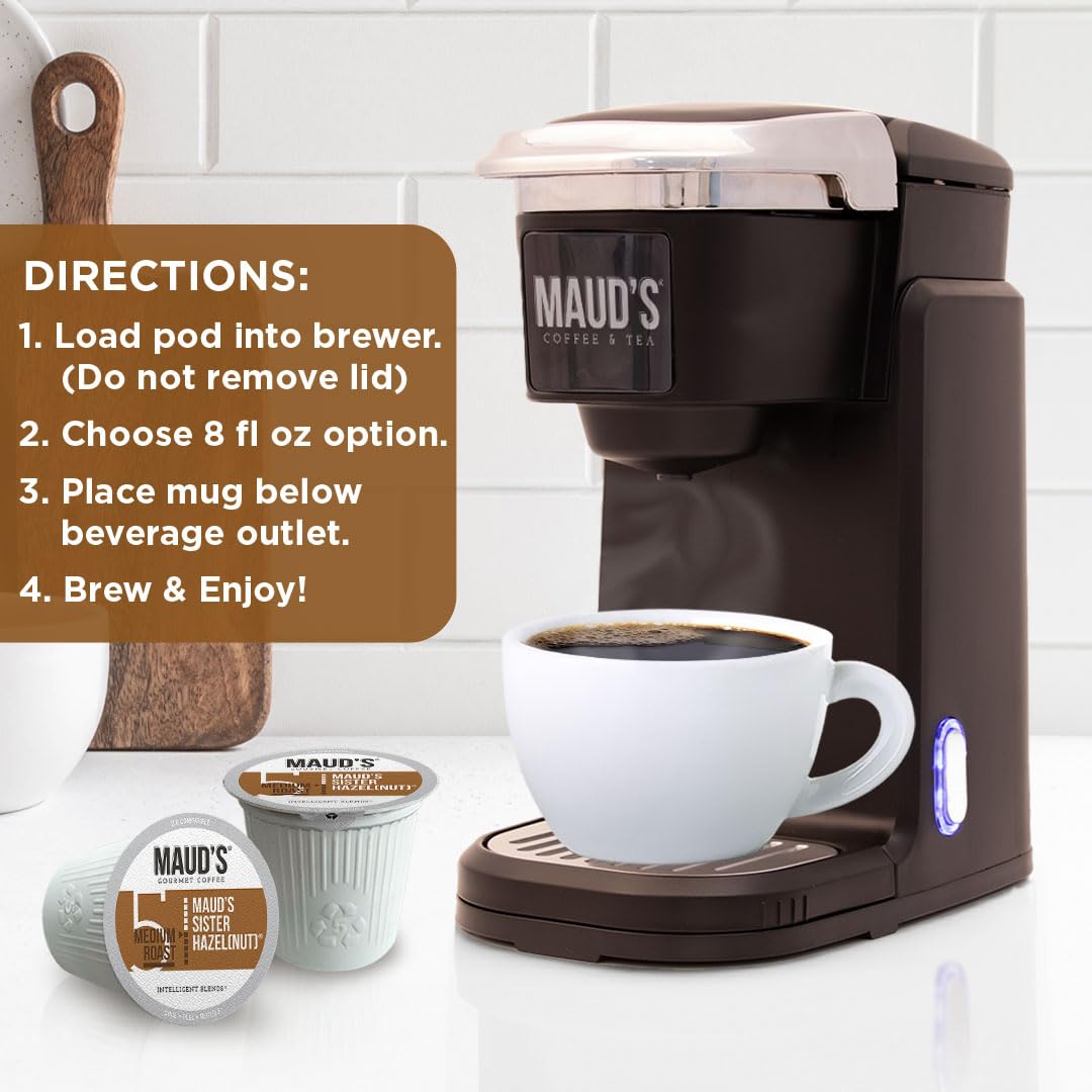 Maud's Sweet Hazelnut Flavored Coffee Pods, 18 ct, Medium Roast Flavored Coffee in Recyclable Single Serve Pods – 100% Arabica Beans, Compatible with Keurig K Cups Maker