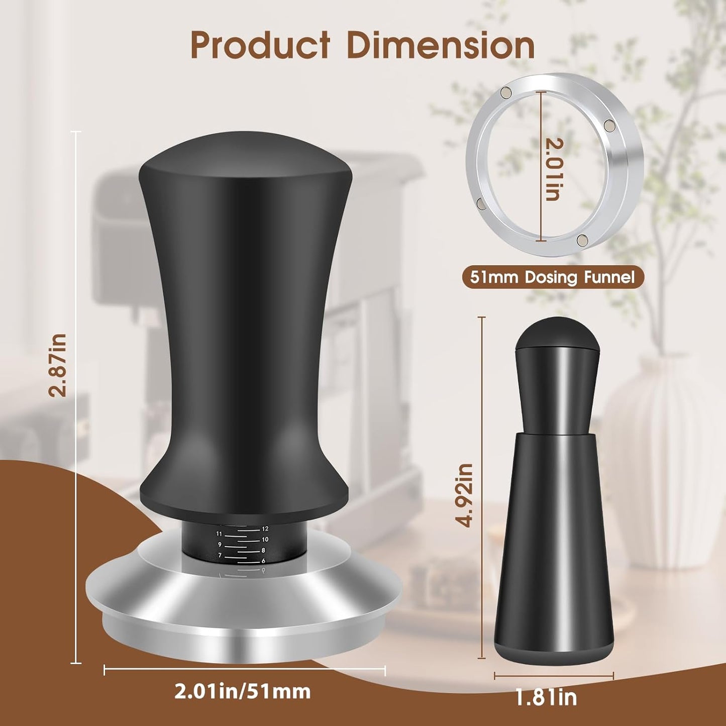 51mm Espresso Accessories Kit, Spring Loaded Calibrated Tamper, WDT Tool and Dosing Funnel Set Fits Espresso Coffee Machines and 51 mm Portafilters