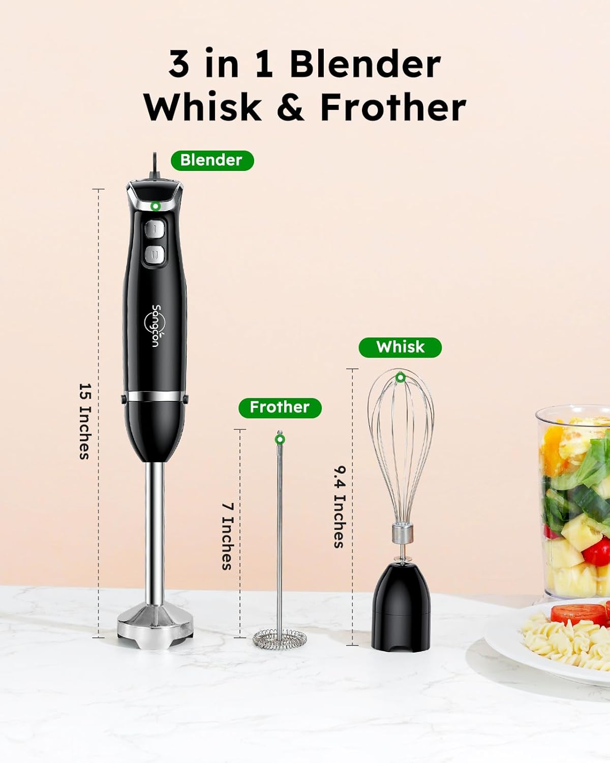 Sangcon Immersion Blender Handheld, 3-in-1 Hand Blender Electric, 400W Handheld Blender, Stainless Steel Blade Stick Mixer with Whisk, Milk Frother Attachments - Black