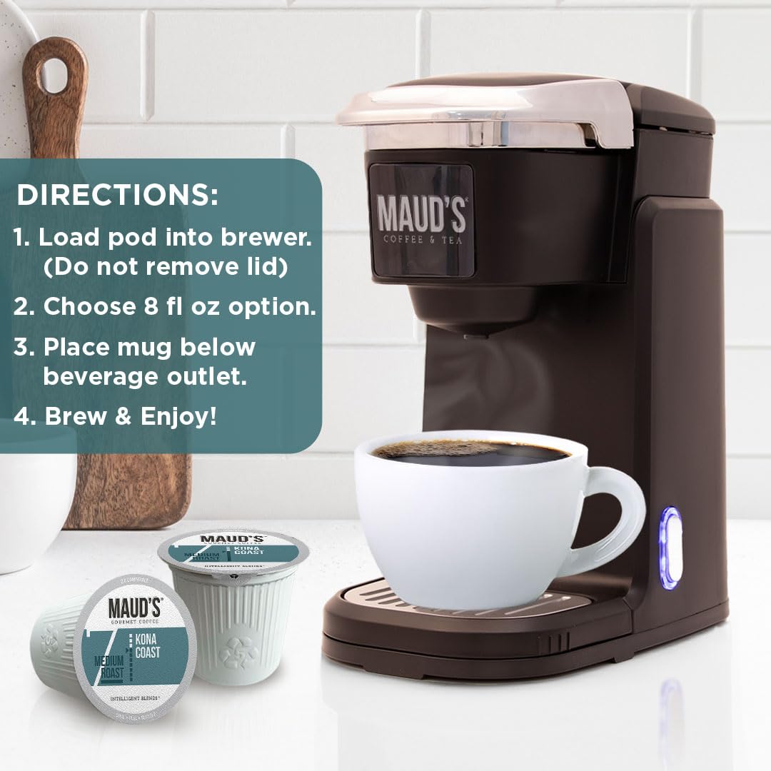 Maud's Kona Coffee Pods, 100 ct, Medium Roast Coffee in Recyclable Single Serve Pods – 100% Arabica Coffee, Compatible with Keurig K Cups Maker
