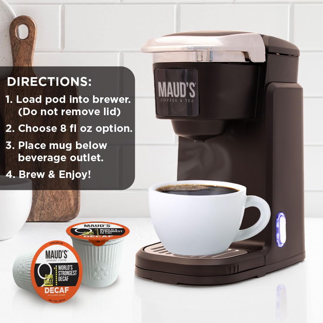 Maud's World's Strongest Decaf Coffee Pods, 100 ct, Decaffeinated Dark Roast Coffee in Recyclable Single Serve Pods – 100% Arabica Coffee, Compatible with Keurig K Cups Maker