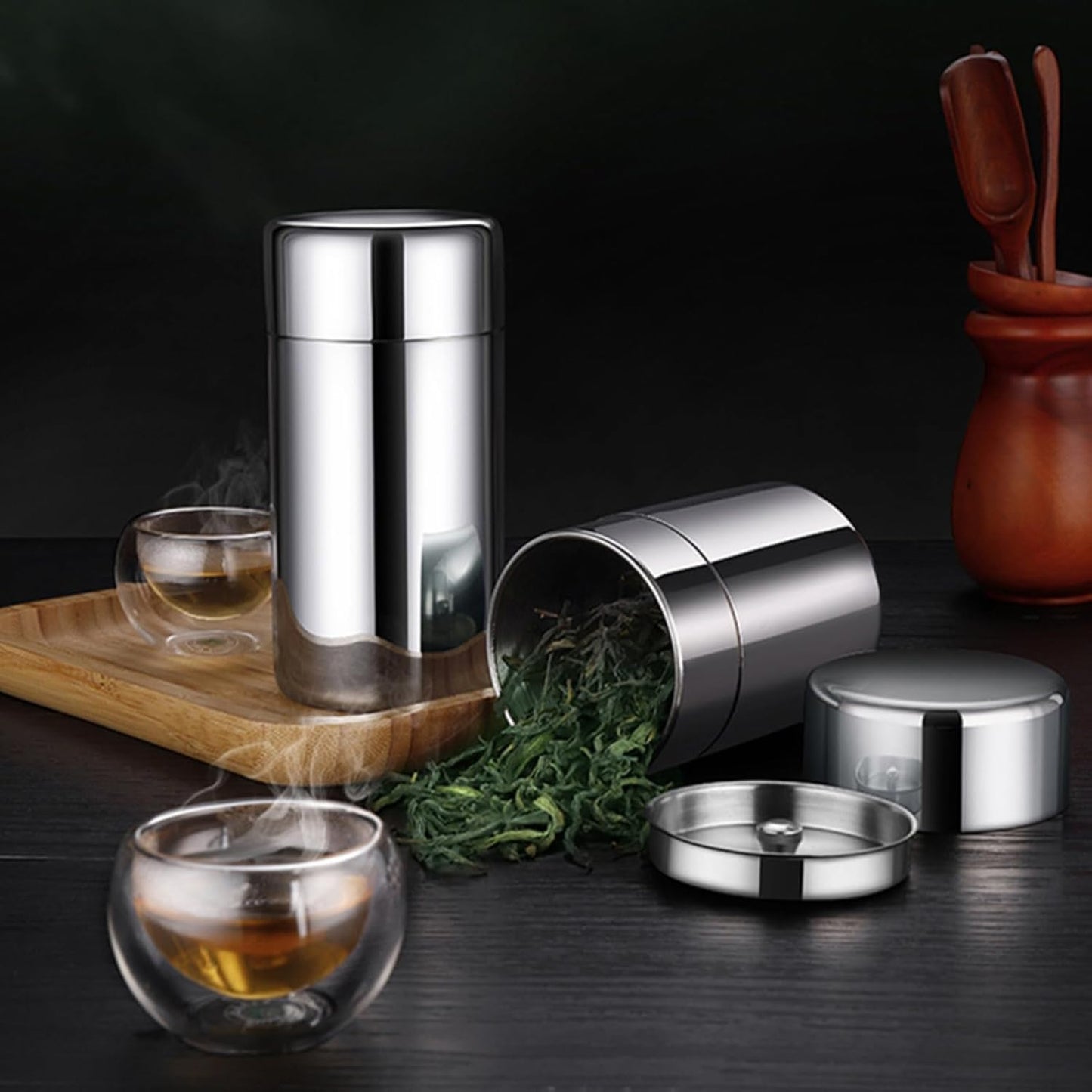 AUNMAS Tea Tin Canister, Stainless Steel Coffee Sugar Storage Container with Airtight Double Lids for Loose Tea, Kitchen Cup for Coffee Sugar Seasoning Storage (550ml)