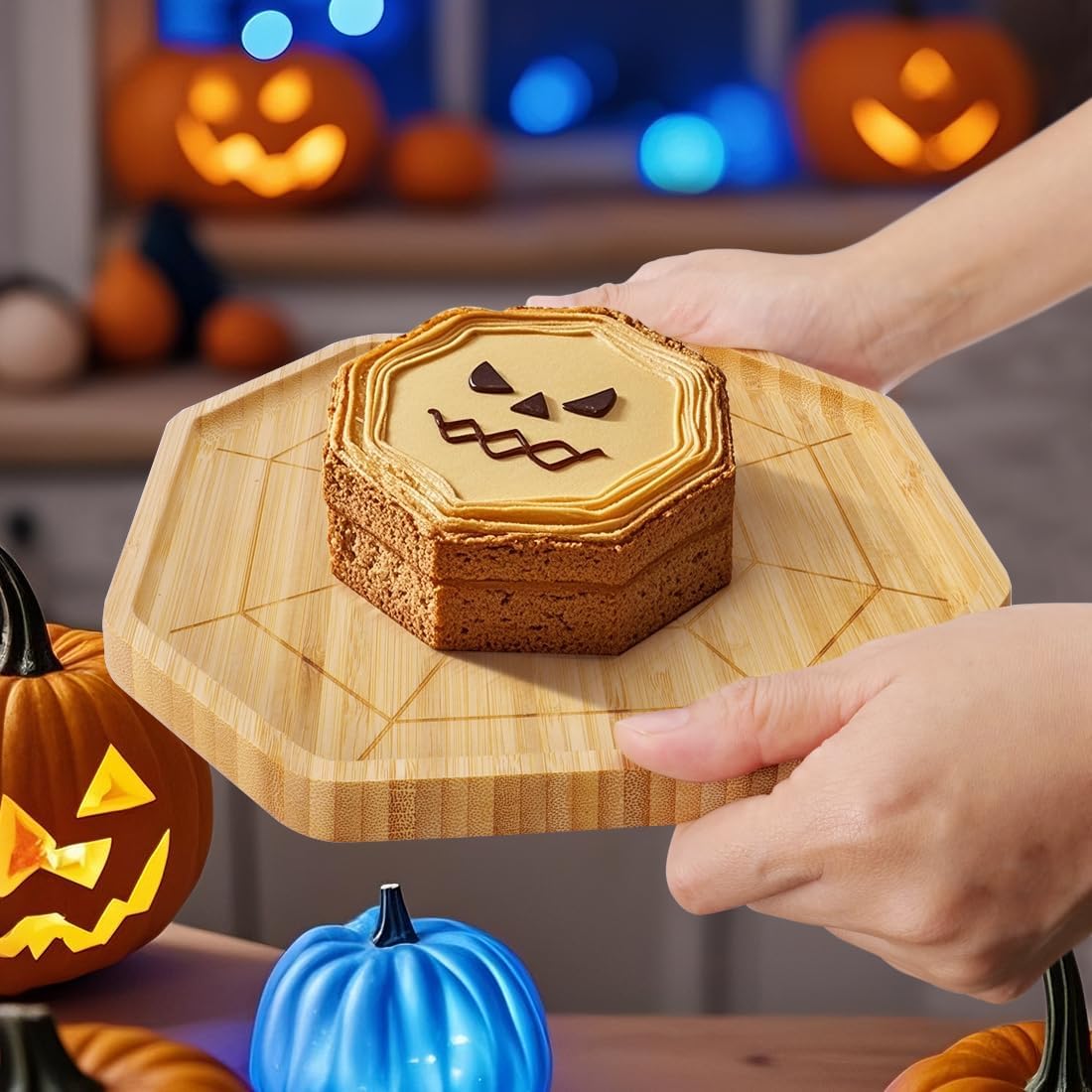 TJ POP Halloween Bamboo Serving Tray - Octagon Spider Web Design Snack Dessert Platter for Candy, Cheese, Natural Wood Appetizer Tray Charcuterie Board for Party, Home Decor & Food Display (10β x 9β)