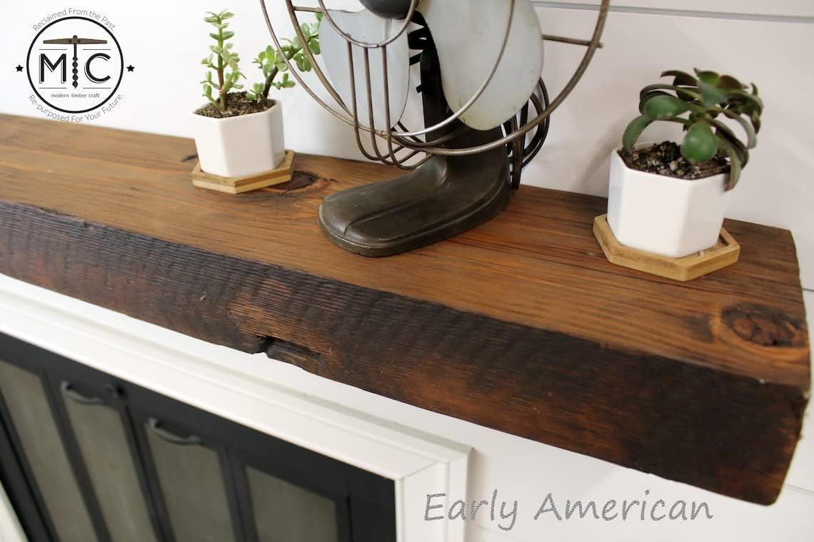 Modern Timber Craft Reclaimed Wood Fireplace Mantel Shelf | Solid Rustic American Barnwood with Steel Floating Shelf Brackets | 2.75" Thickness | 95" L x 8" D, Unfinished, Planed and Sanded
