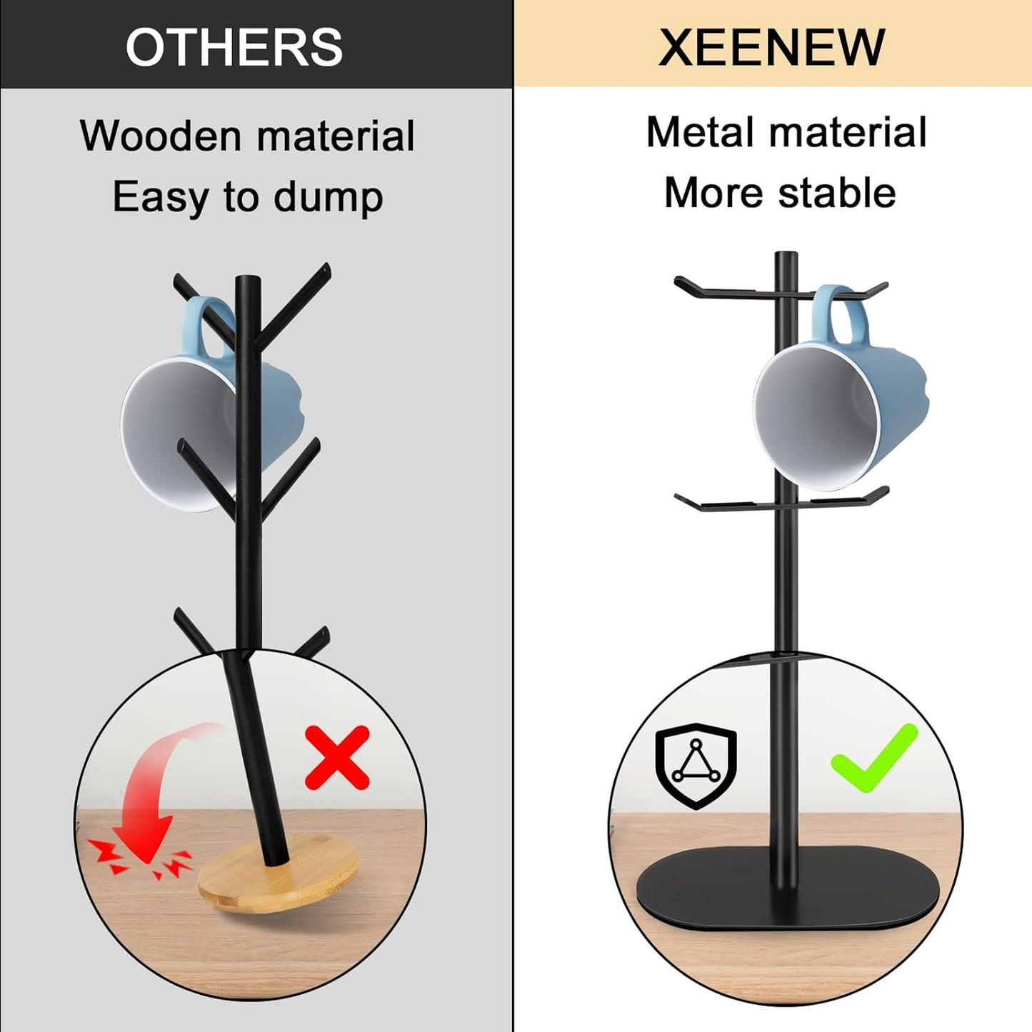 Cup Holder Tree with 6 Hooks, Metal Coffee Mug Rack Stand (Black)