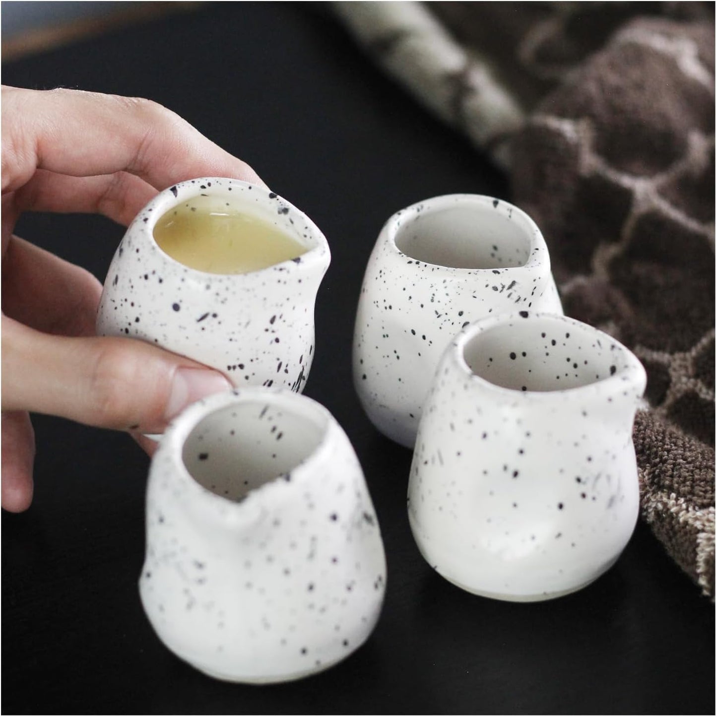 roro Handmade Ceramic Mini Creamer Cups β Set of 4, Dimpled White Matte Speckled Stoneware, 3-Inch Small Pitchers for Coffee, Espresso, Milk, or Sauce