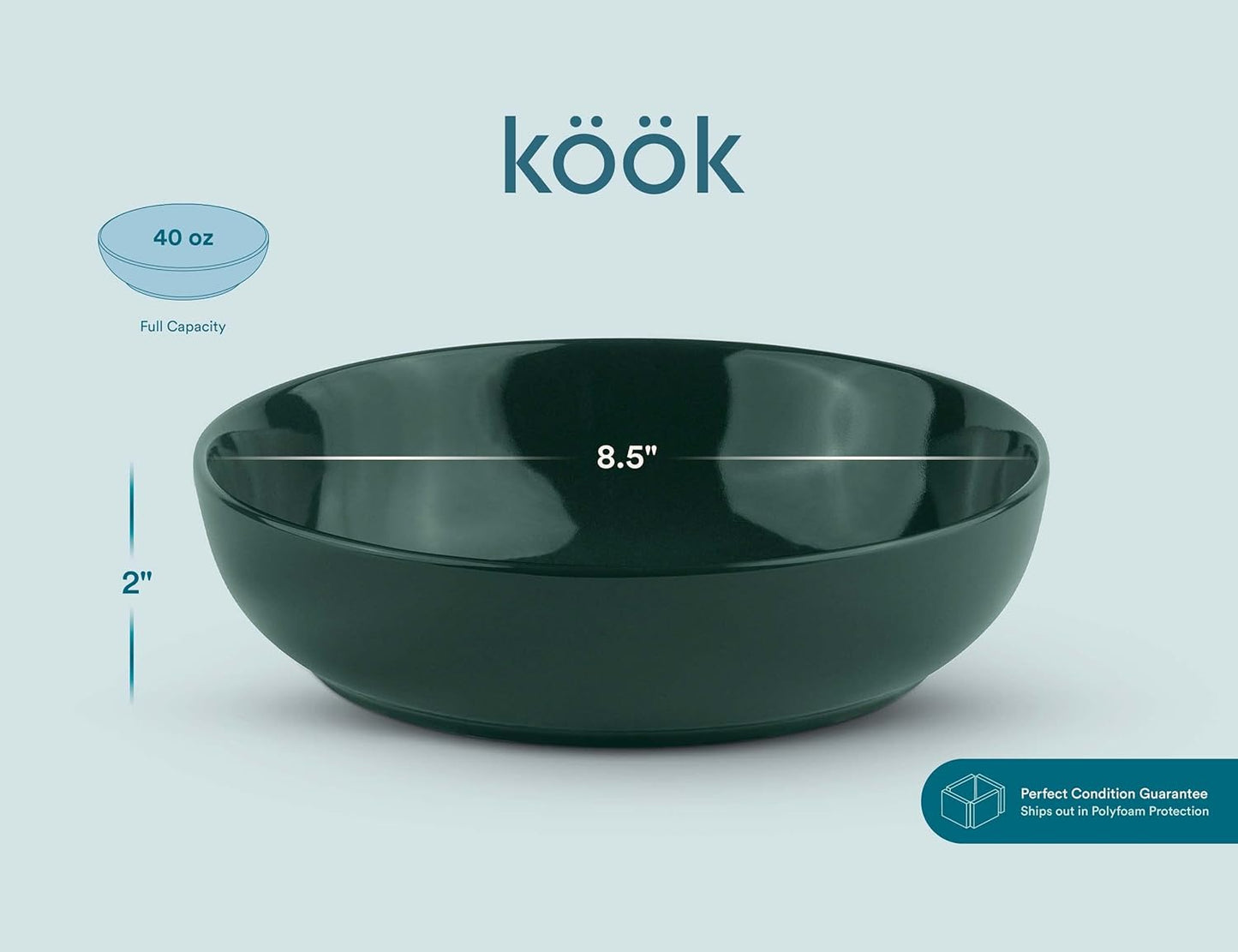 KooK Pasta Bowl, Salad Bowls, Soup, Serving Bowls, Ceramic, Large Capacity, Microwave & Dishwasher Safe, Set of 4, 40 Oz,(Hunter Green)