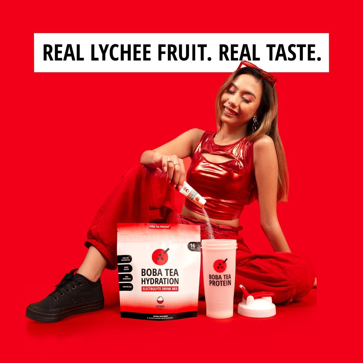 Boba Tea Hydration | Electrolyte Powder Drink Mix | Lychee | 1000mg Electrolytes, Vitamin C | 16 Stick Packets