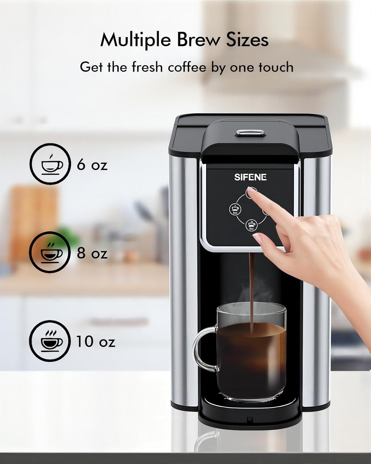 SIFENE Single Serve Coffee Maker, 3-in-1 Quick Brew for Coffee Pods, Ground Coffee, & Loose Tea, 6-12oz Cup Sizes, 50oz Removable Water Tank, 1150W, Compact, Black