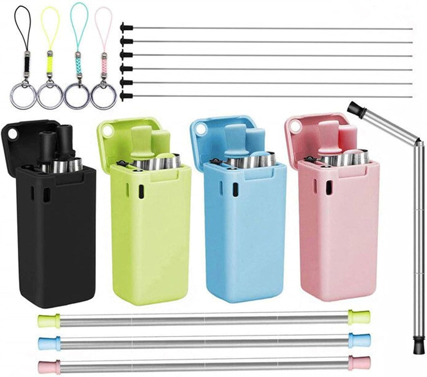 Foldable Straw with Storage Box, Reusable Folding Stainless Steel Straw, Portable Collapsible Set with Silicone Tip and Cleaner Brush for Travel Home Work(white)