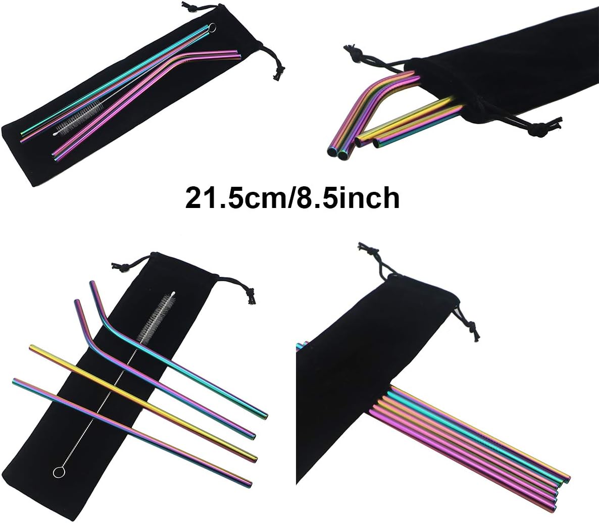 Gugrida Metal Straws Stainless Steel Straws 8.5" Drinking Straws Reusable 4 Set - Ultra Long Muti Color-Cleaning Brush for 20/30 Oz for Trail Tumblers Yeti RTIC SIC Ozark (2 Straight|2 Bent|1 Brush)