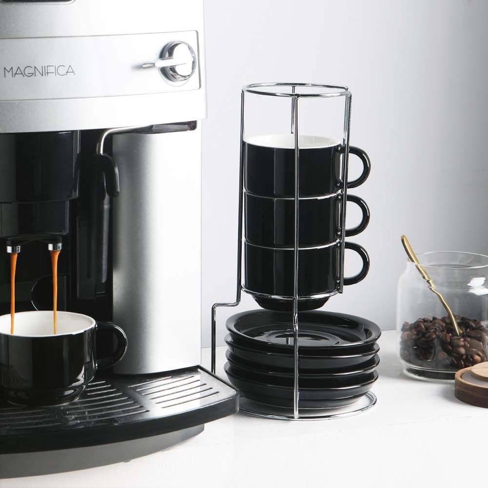 Sweejar Porcelain Cappuccino Cups with Saucers and Metal Stand, 8 Ounce Stackable Espresso Cups for Specialty Coffee Drinks, Latte, Americano, Tea - Set of 4 (Black)