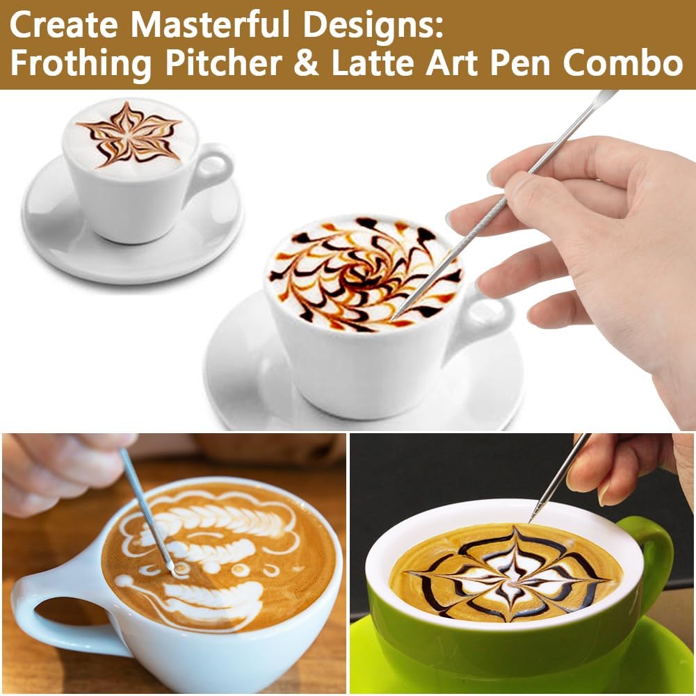 Frothing Milk Pitcher, 12 oz/350 ml Stainless Steel Frothing Milk Jug with Latte Art Pen,with Internal Measurements, for Cappuccino, Espresso and More(white)