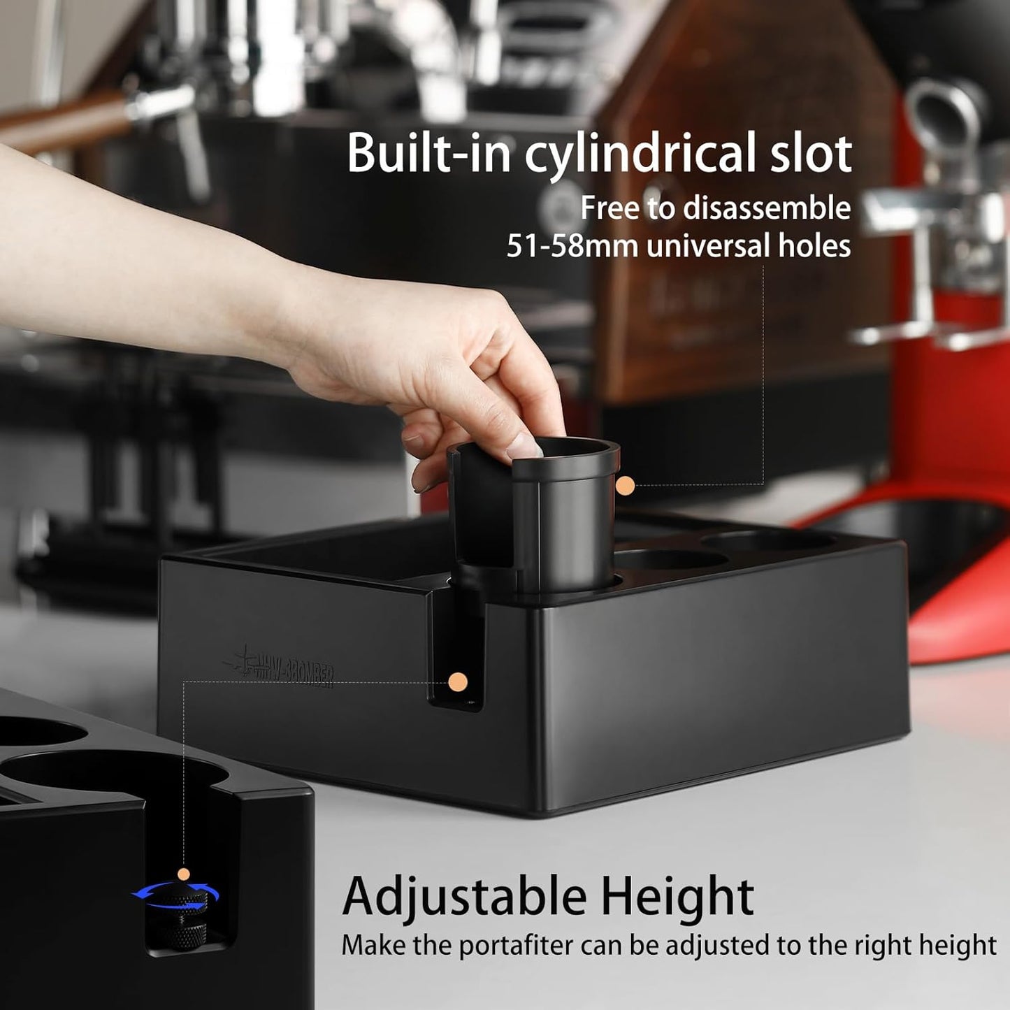 MHW-3BOMBER Espresso Tamping Station, 4 in 1 Tamper Station for Storage 51-58mm Portafilter, Distributor and Espresso Accessories,ABS Portafilter Holder,Black,CH6719