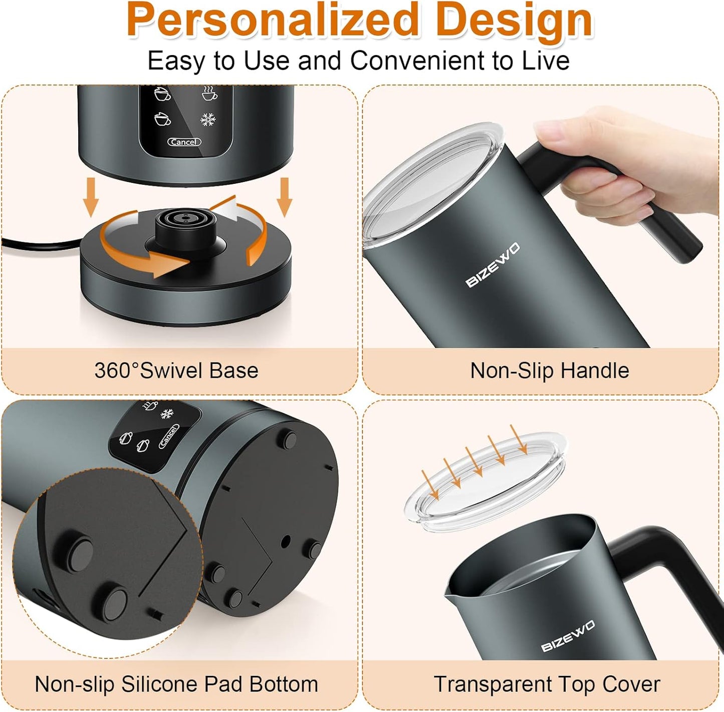 BIZEWO Milk Frother Electric, Warm and Cold Milk Steamer, 4 IN 1 Automatic Milk Warmer Stainless Steel with Touch Screen for Coffee, Latte, Macchiato, Cappuccino, Hot Chocolate