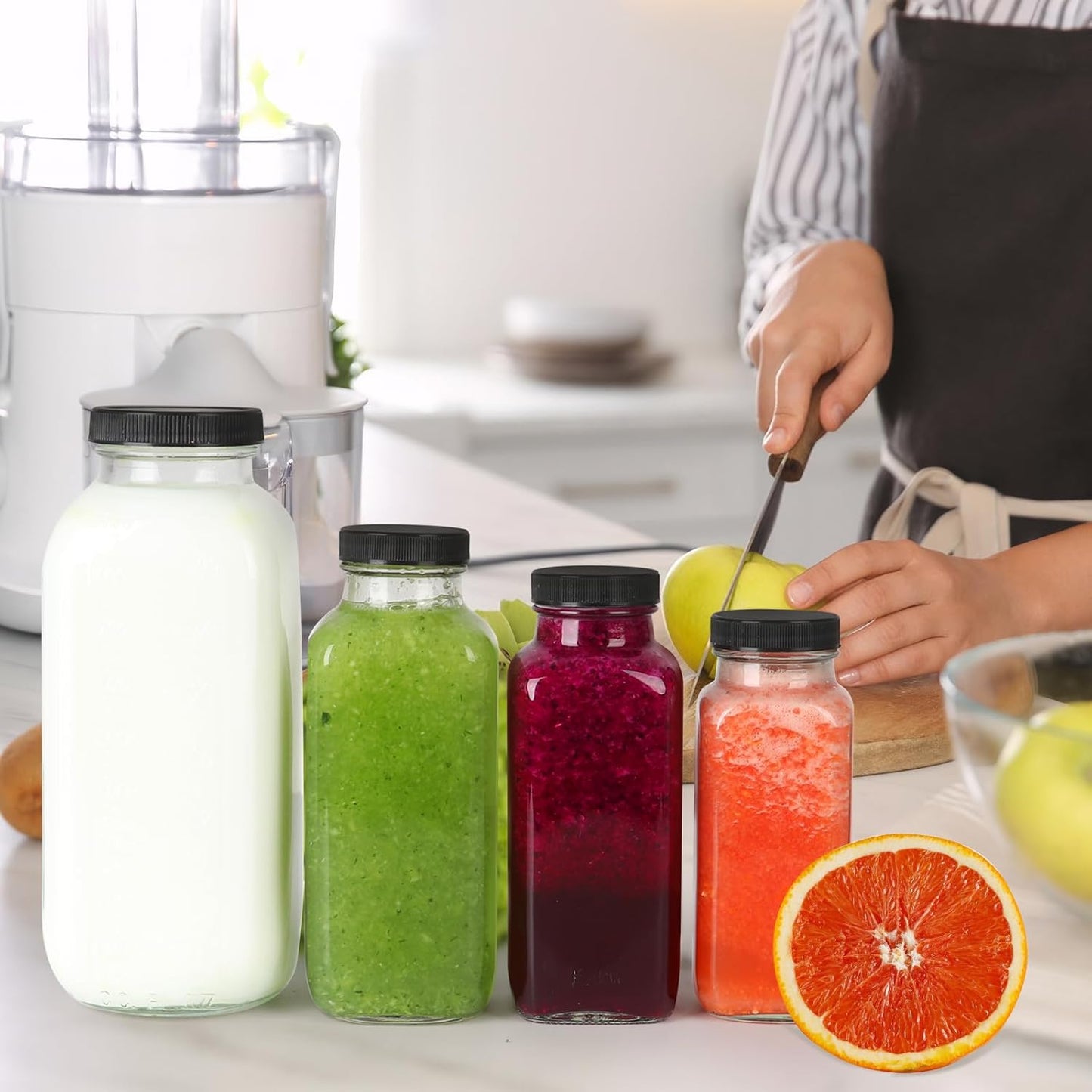 16 oz Glass Juice Bottles with Lids 12 Pack,Reusable Glass Drink Bottles,500ml Water Drinking Jars for Milk,Juicing,Kombucha,Ginger,Beverage Glassware,Juice Drinking Jars