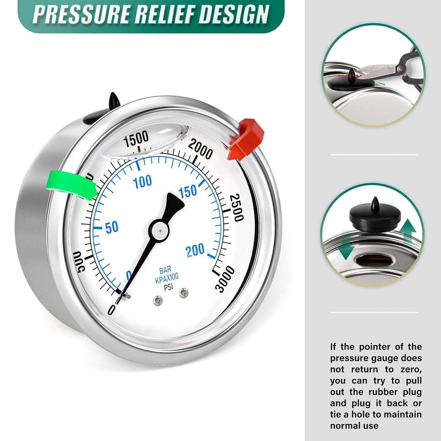 0-3000psi Stainless Steel Glycerin Liquid Filled Pressure Gauge 1/4" NPT 2.5" Face Dial Center Back Mount, for Water, Oil and Air Pressure Testing (with Range Mark Pointer)
