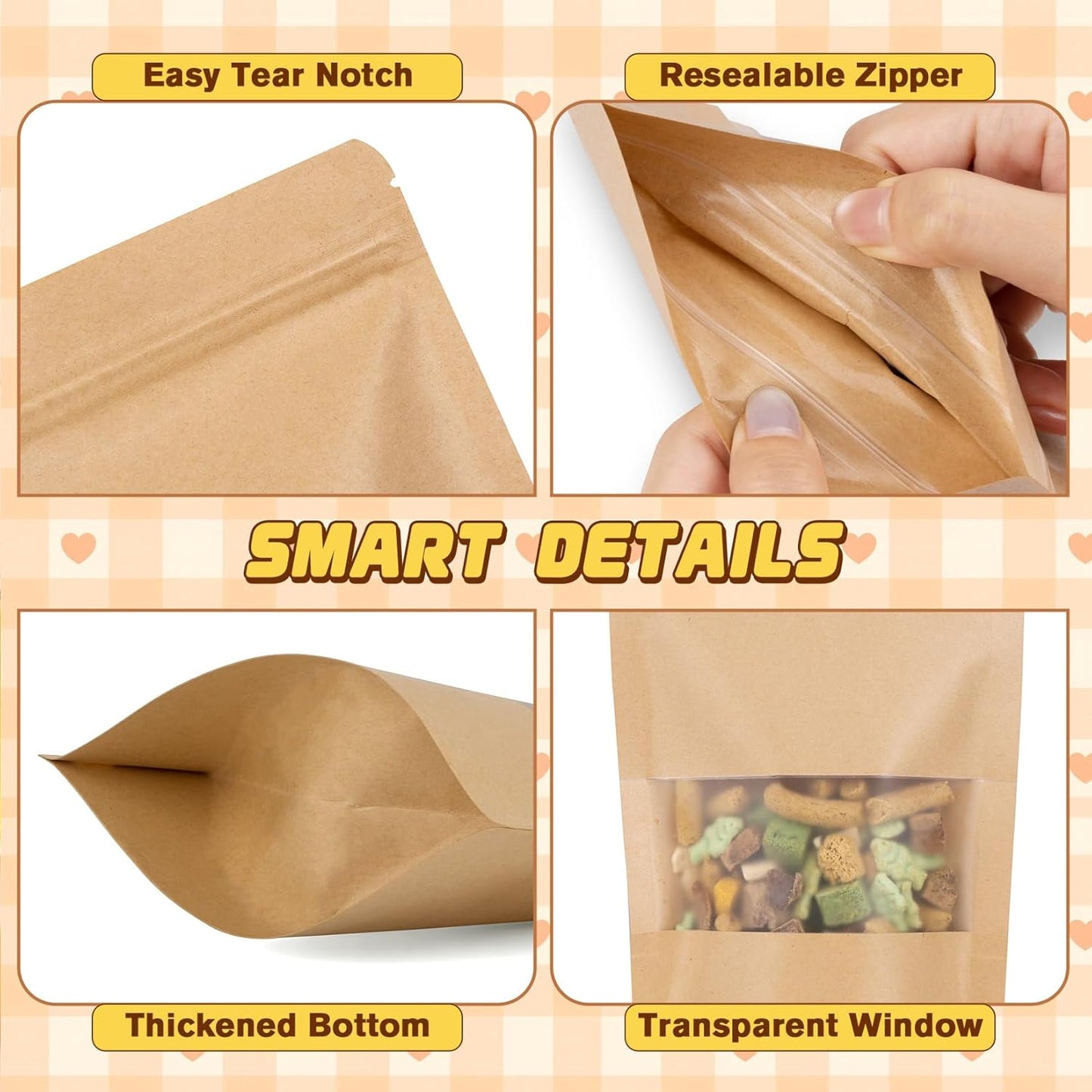 50 Pack Zip Lock Bags, Reusable Snack Bags with Window, Cookie Bags for Pastry, Herbs, Jerky, Spices, Soap, Pet, Gifts, Resealable Baggies for Small Business, Farm Stand Supplies
