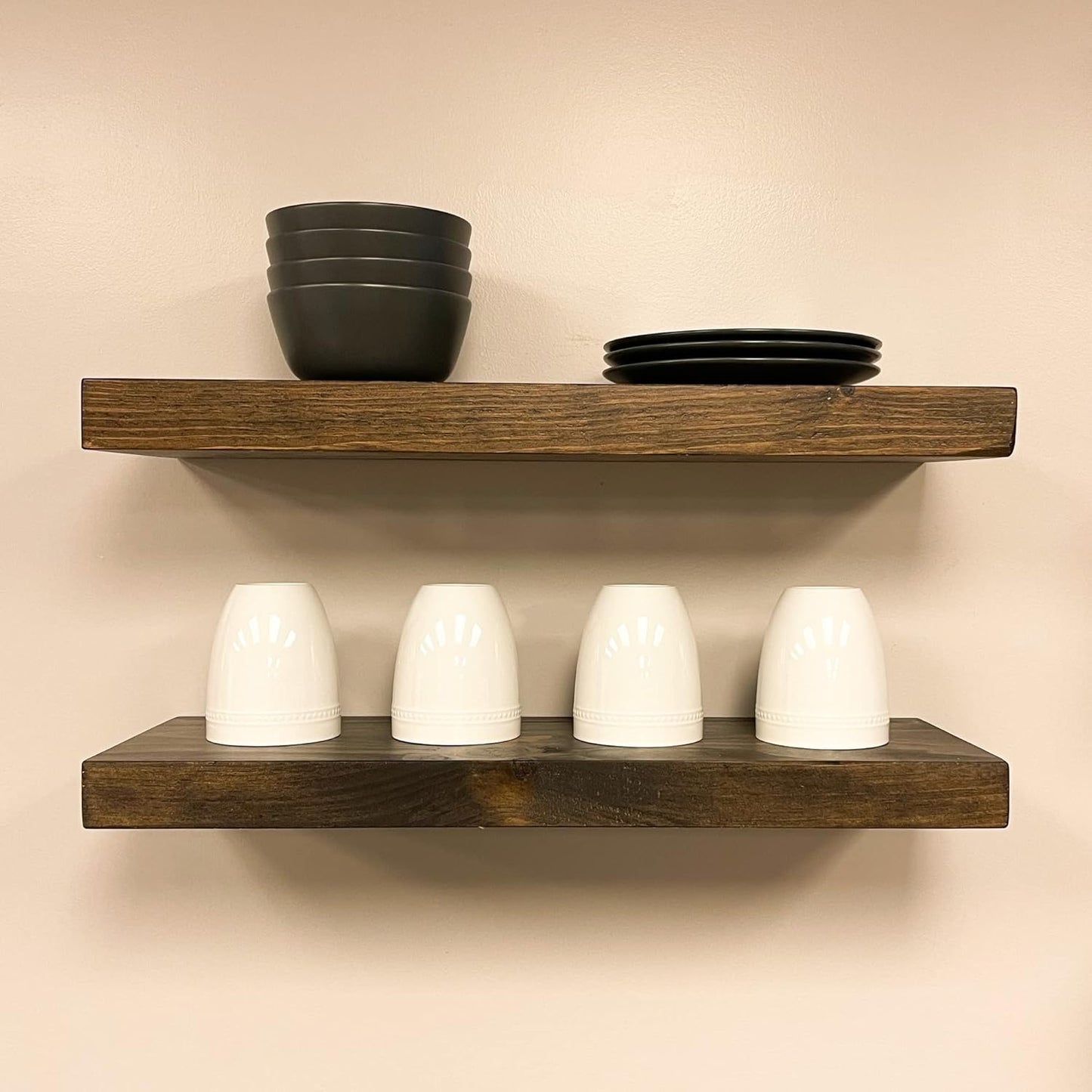 URBANDI, Rustic Floating Shelves, Set of 2, Hidden Bracket, Solid Wood, Heavy Duty, Wall Mounted Shelves, (Dark Brown, 36Wx10D)