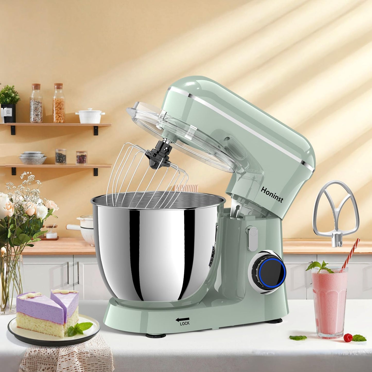 Stand Mixer, 6.5QT 10-Speed Tilt-Head Electric Stand Mixer, 3-In-1 Kitchen Mixer with Bowl, Dough Hook, Whisk and Beater, Food Mixer for Baking, Cake and Most Home Cooks, Green