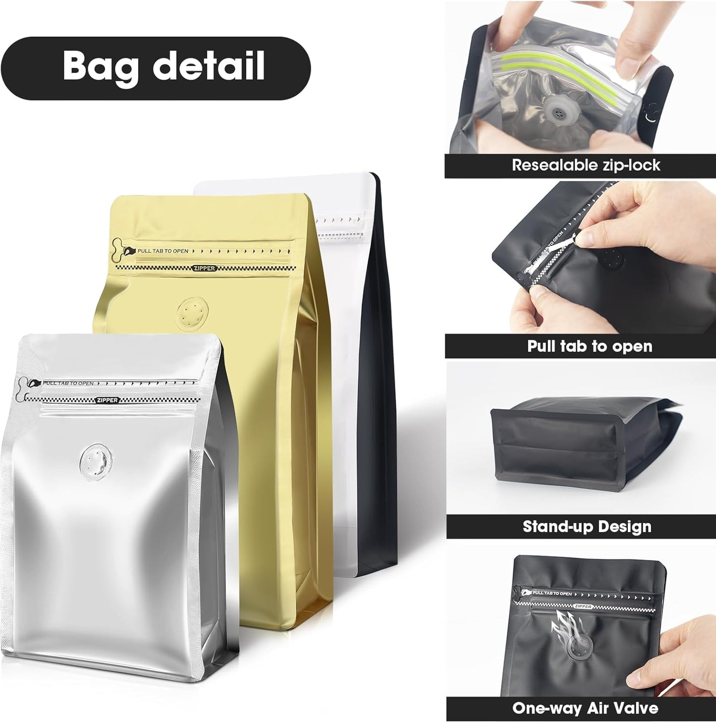 Coffee Bags with Valve(60pcs,8 oz,1/2 lb) Vented Coffee Beans Packaging Bags High Barrier Aluminumed Foil Flat Bottom Heat Sealed Side Zipper Resealable Storage Bag for Home or Business(White+Gold)