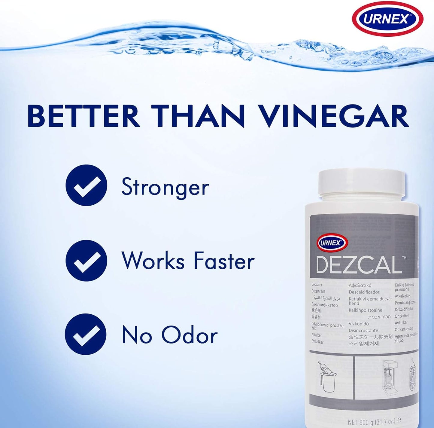 Urnex Dezcal Coffee and Espresso Machine Descaler Activated Scale Remover - 900g Bottle - Fast Effective Descaling Of Boilers and Heating Elements Faucets Spray Heads Milk Systems