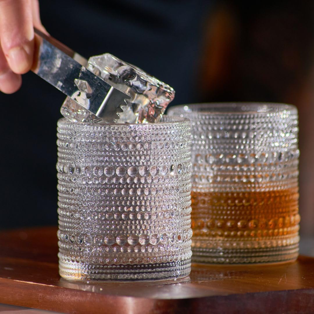LEMONSODA Hobnail Drinking Glasses Set of 4 – Vintage Clear Lowball Glass Cups 10oz – Textured Barware Aesthetic Retro Glassware Tumblers for Water, Cocktails, Whiskey, Juice (Lowball 10oz, Set of 4)