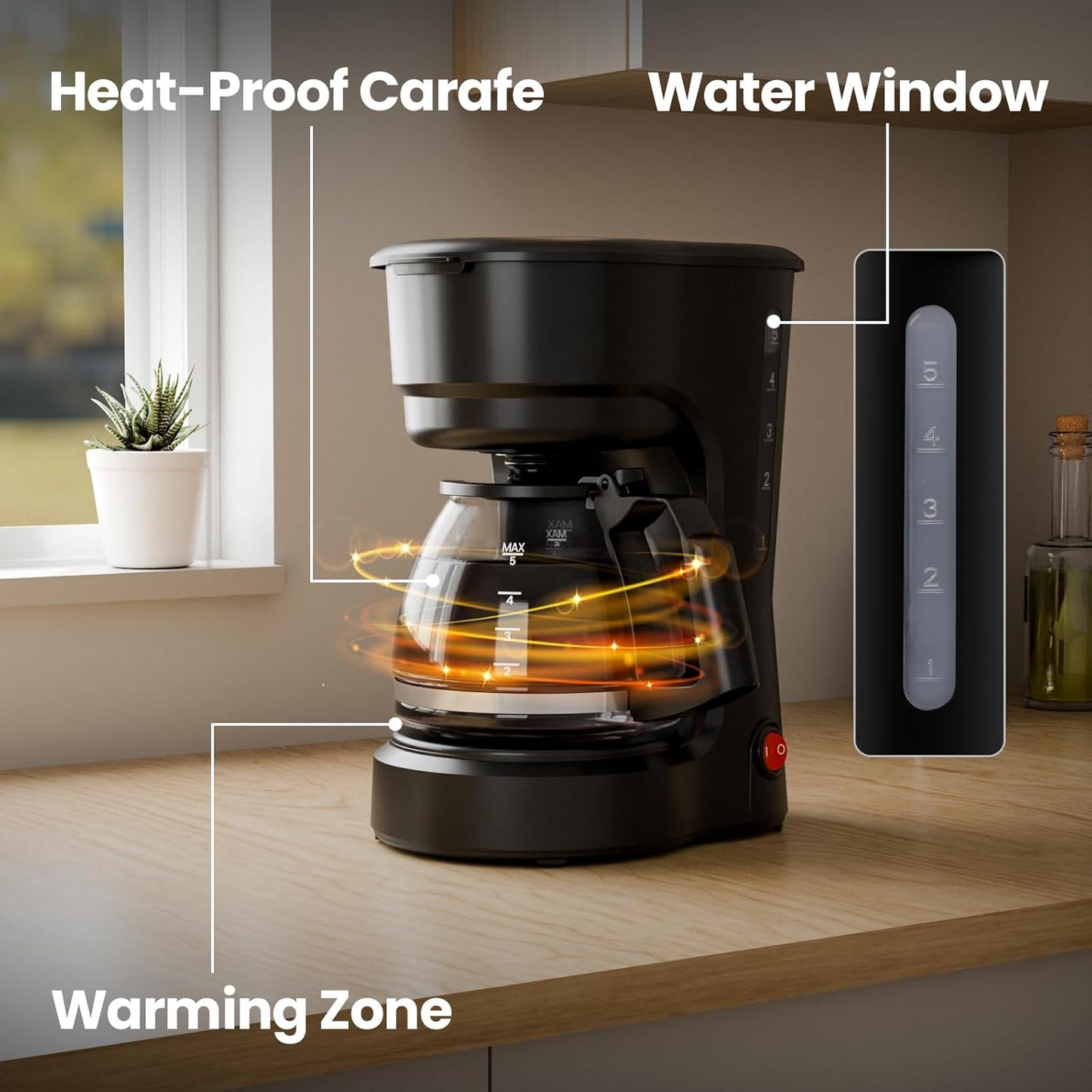 Kismile 5-Cup Drip Coffee Maker with Anti-Drip System, Food-Grade Compact Coffee Machine with Removable Funnel, Warm Plate, Dishwasher-Safe Glass Carafe, Portable Coffee Maker for Home & Office Use