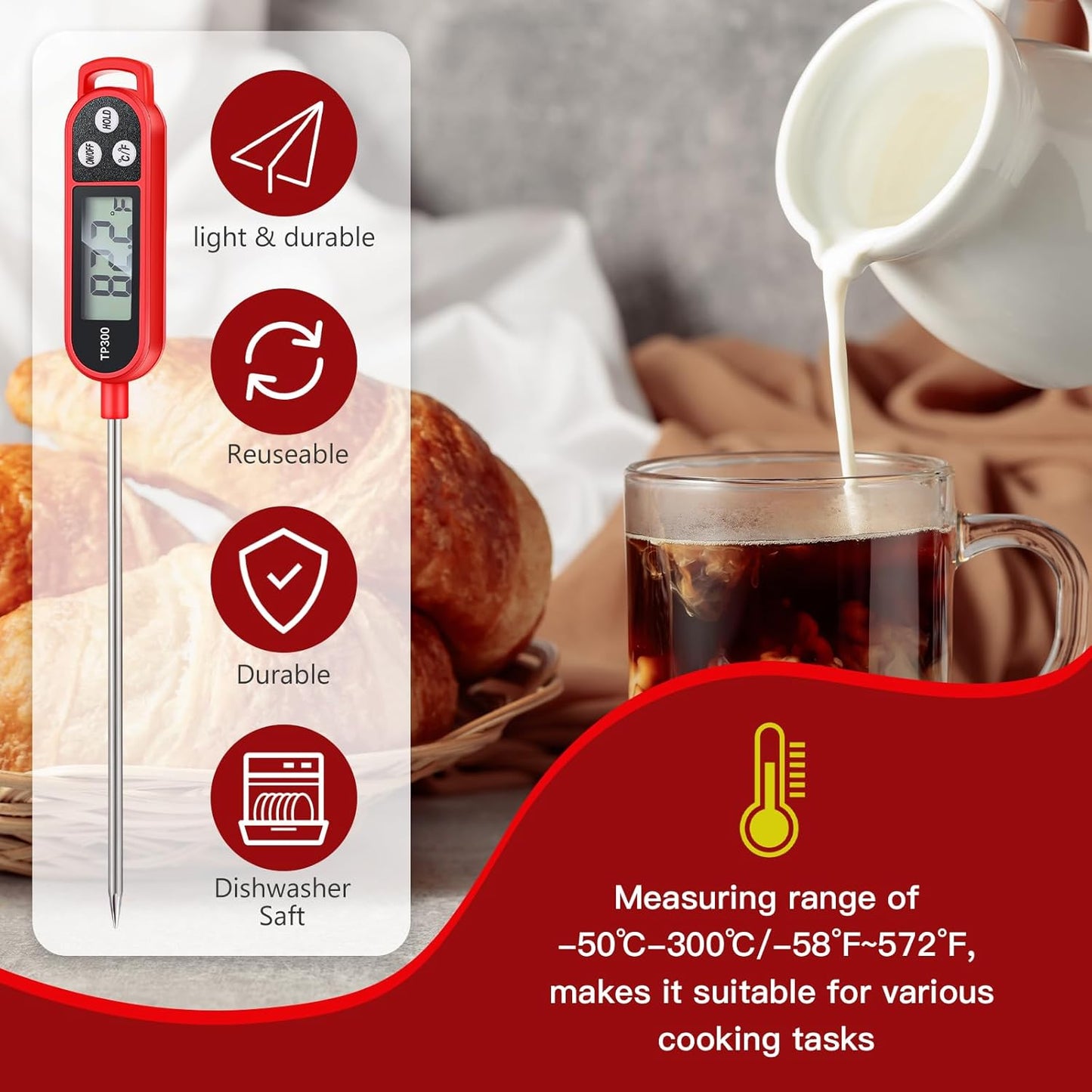 12 Pcs Meat Food Thermometer Food with Probe Water Liquid Instant Read Digital Thermometer Kitchen Cooking Supplies for Cooking BBQ Milk Yogurt (Red)