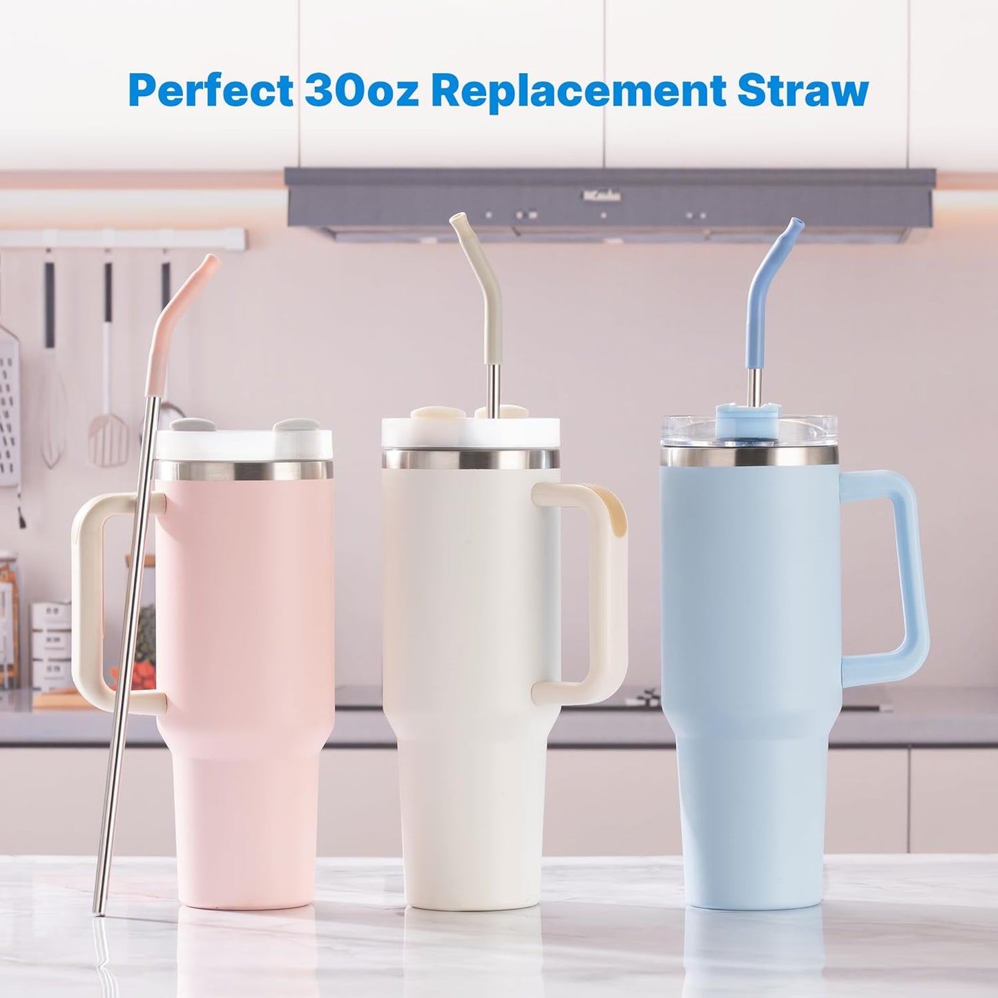 Metal Straw with Silicone Tip for 30oz Stanley Cup, 2 Pcs Stainless Steel Straws Replacement for Stanley 30 oz Adventure Quencher Travel Tumbler Cup, 1 Straw Brush (Light Pink)
