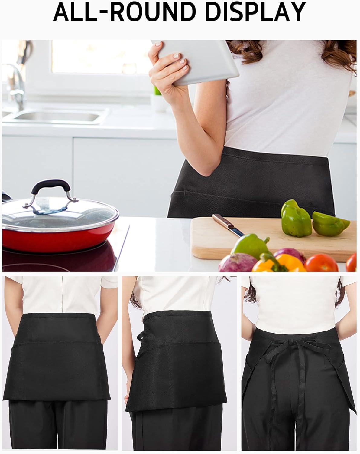 Syntus 3 Pack Server Aprons with 3 Pockets, Waterdrop Resistant Waitress Waiter Waist Apron, 11.5-inch Black