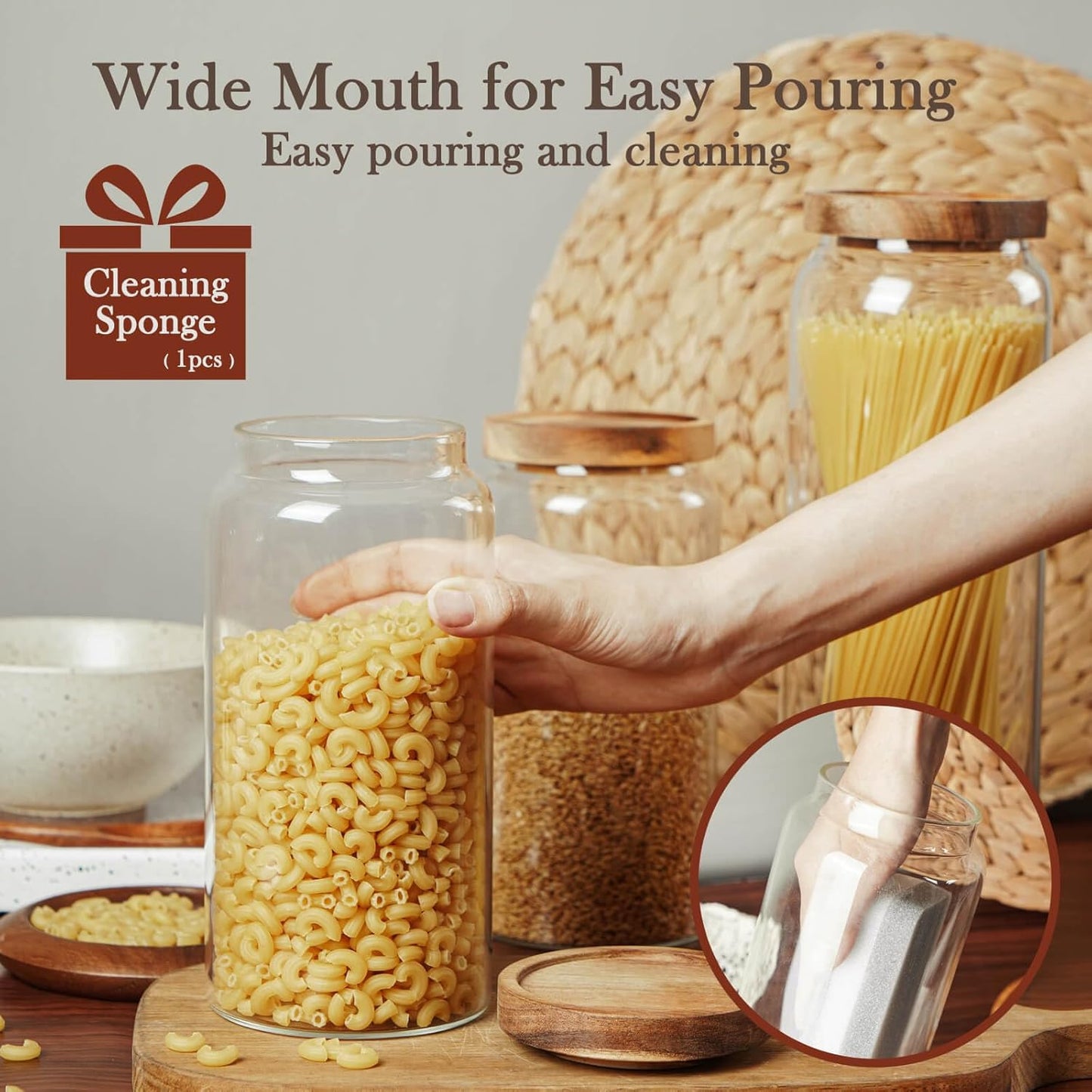 Labina Glass Storage Container Airtight Food Jars Kitchen Canister with Wood Lids, 40 Oz Wide Mouth Pantry Organization Glass Jar for Flour, Sugar, Cookie, Spagetti, Nuts and Candy (2 Pack)