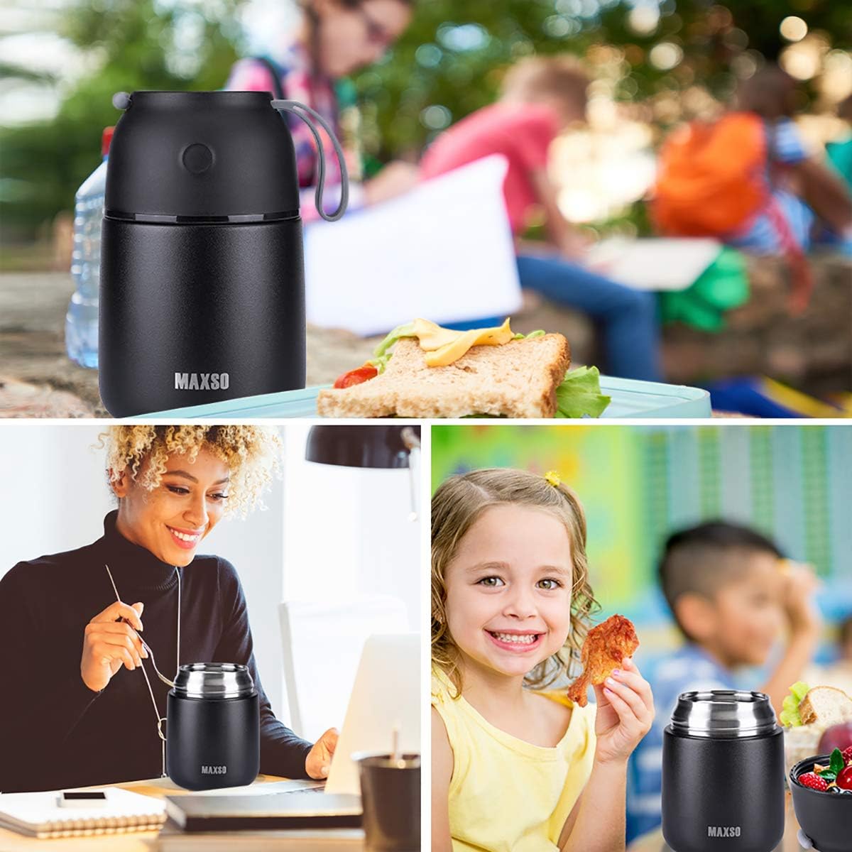 Insulated Thermo Food Jar for Hot & Cold Food for Kids Adult, 17 oz Soup Thermal Hot Food Containers for Lunch, Triple Layer Insulation Stainless Steel Food Jar with Spoon (Black)