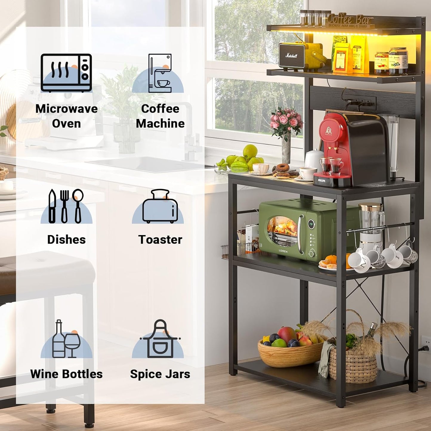 Aheaplus Bakers Rack with Power Outlet, Microwave Stand, 5 Tiers Coffee Bar Station with Led Lights, Kitchen Storage Shelf with 6 S-Shaped Hooks, Kitchen Rack for Spices, Pots and Pans, Black