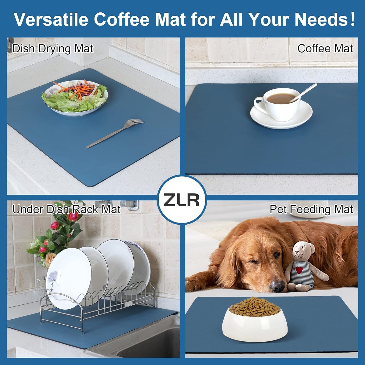 ZLR Coffee Mat - 16" x 24" Extra Large Kitchen Hide Stain Absorbent Dish Drying Mat for Countertop - Easy to Clean Coffee Bar Mat for Espresso Machine and Spill Protection - Navy Blue