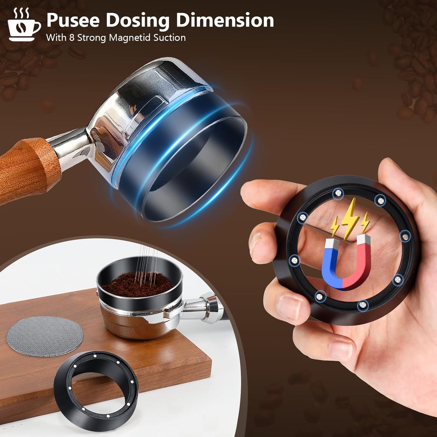 WDT Tool Espresso Distributor Accessory kit &1.7mm Thickness 150μm Mesh Puck Screen & 8 Magnets dosing ring Compatible with Breville Portafilter (WDT +58MM Silver dosing ring&Puck Screen)