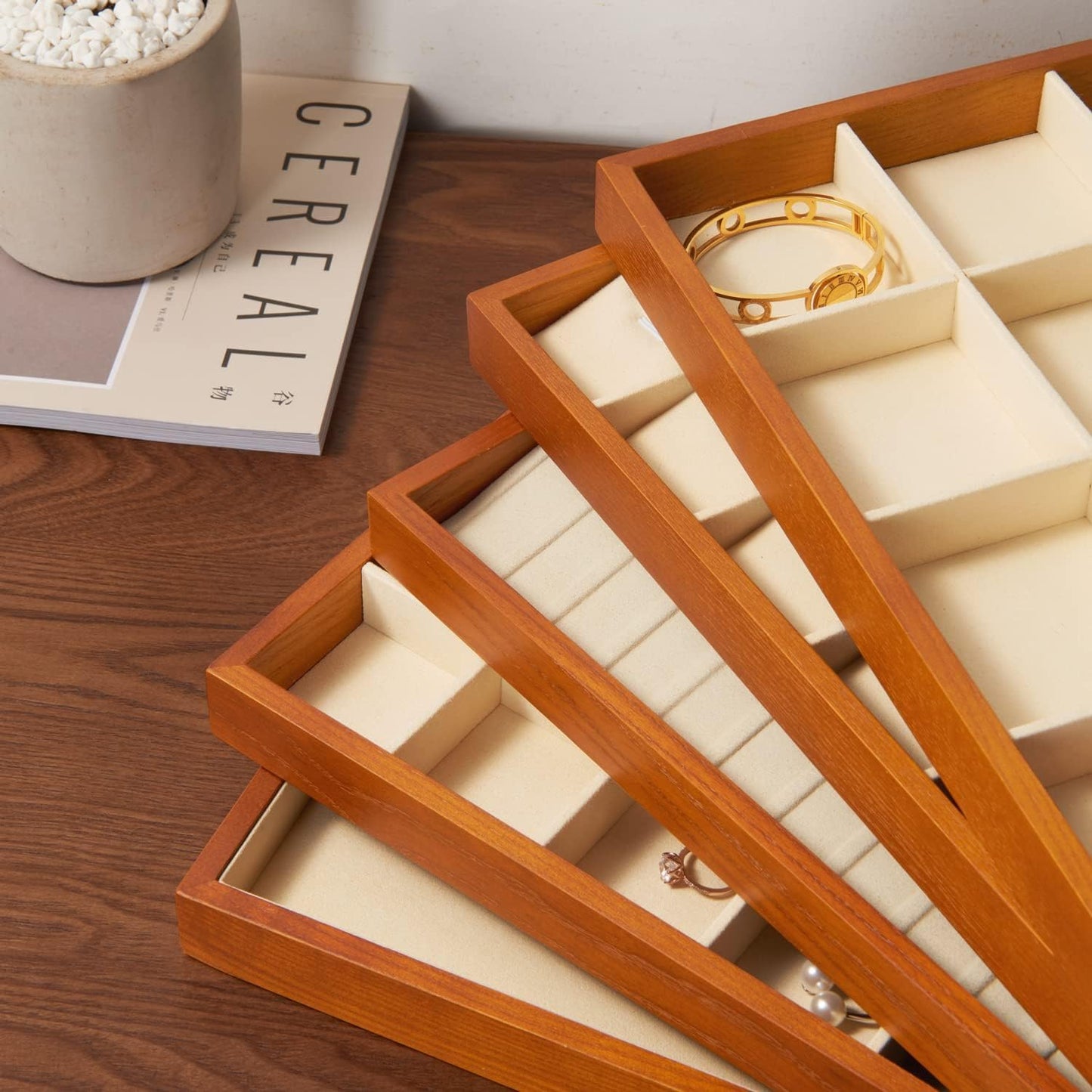 Oirlv 24 Grid Wood Jewelry Tray Microfiber Interior Jewelry Drawer Organizer Showcase Display Box Ring Earrings Holder
