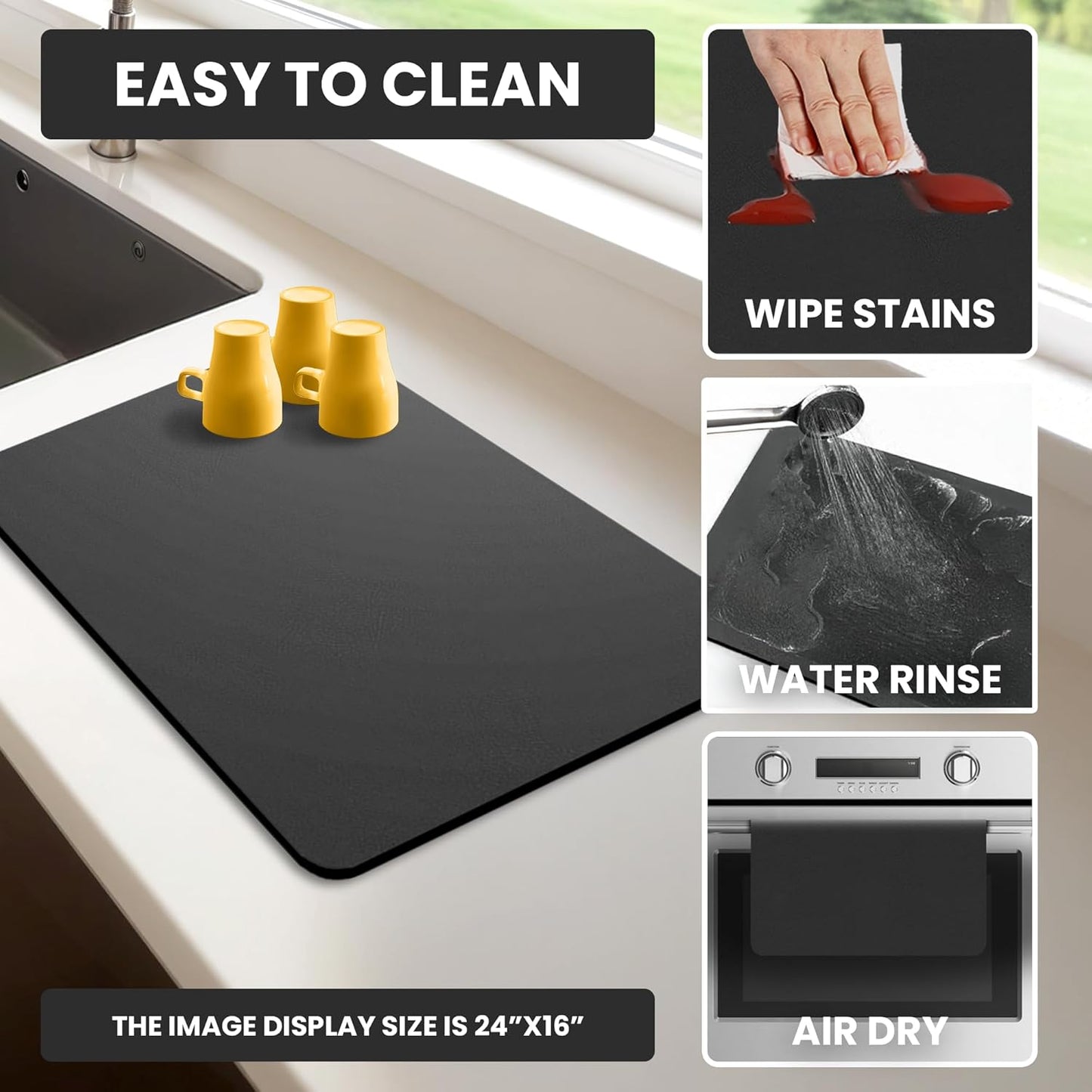 Dish Drying Mat Super Absorbent – 12" x 18" Coffee Mat for Countertops – Non-Slip Drying Mat for Kitchen Counter – Easy to Clean Water Absorbent Mat – Quick Dry Dish Drying Mats (Black)