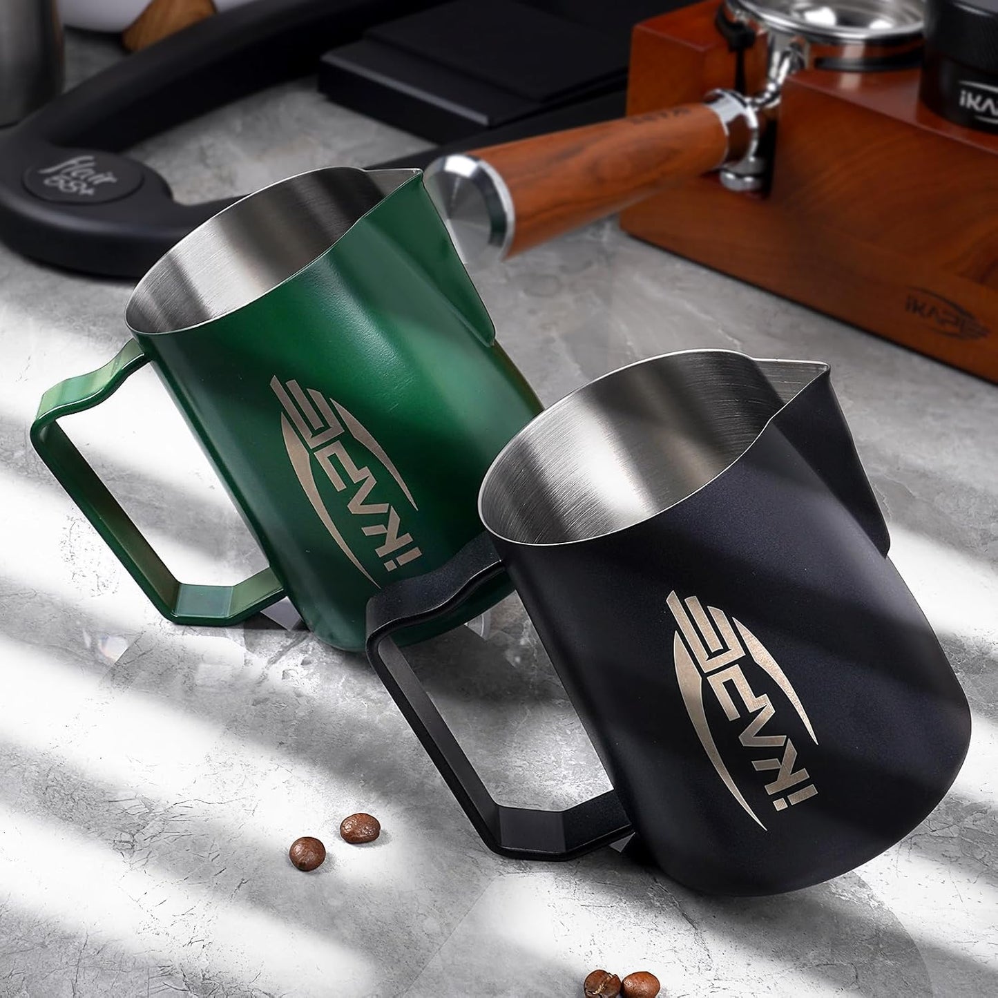 IKAPE Espresso Milk Pitcher, Espresso Steaming Pitcher with Sharp Spout for Espresso Barista Tool, 15.4 oz/450ml Milk Frothing Jug (Black)