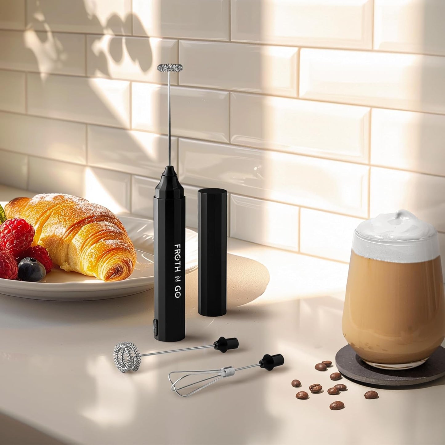 Zulay Froth N Go Milk Frother Rechargeable - 3-in-1 Frother Wand With Case & USB-C Charger - Comes With 3 Whisk Attachments for Latte, Cappuccino, Matcha, Protein Shakes - Black