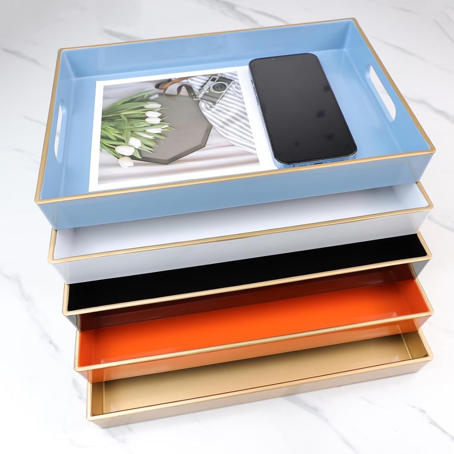 Spsyrine Black Bathroom Vanity Tray with Handles for Dresser Tops, Countertop, Perfume Decorative Tray, 11.8” * 7.87” *1.37”